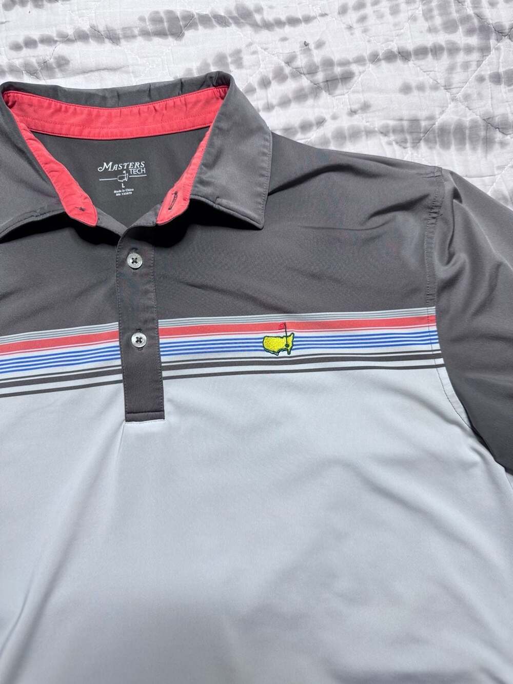 Masters Tech Polo Shirt Mens Large White Stripe Performance Golf Embroidered USA